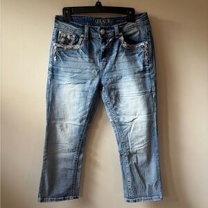 Grace Blue Ankle Cropped Jeans with Distressed Details